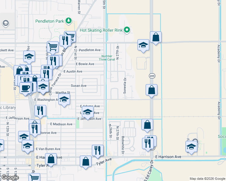 map of restaurants, bars, coffee shops, grocery stores, and more near 741 Washington Circle in Harlingen