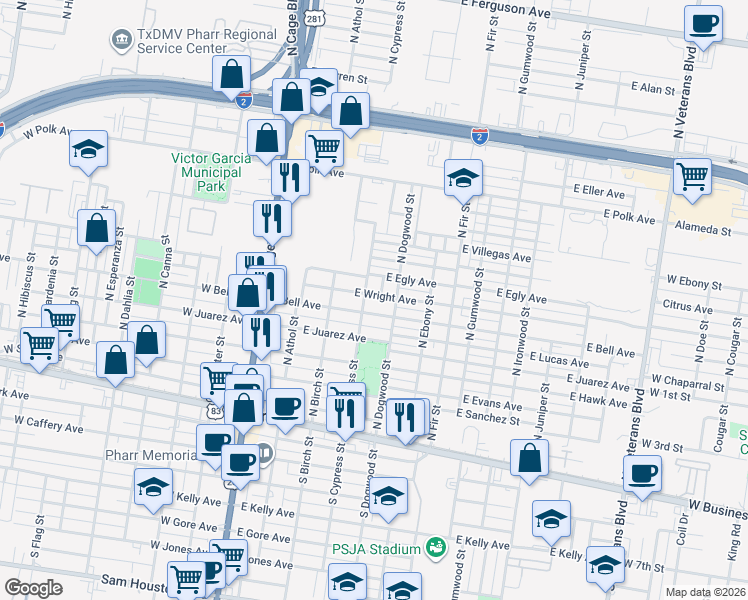 map of restaurants, bars, coffee shops, grocery stores, and more near 421 East Bell Avenue in Pharr