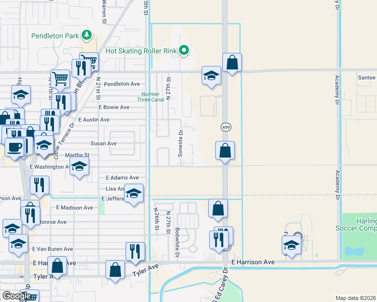 map of restaurants, bars, coffee shops, grocery stores, and more near 718 Sonesta Drive in Harlingen