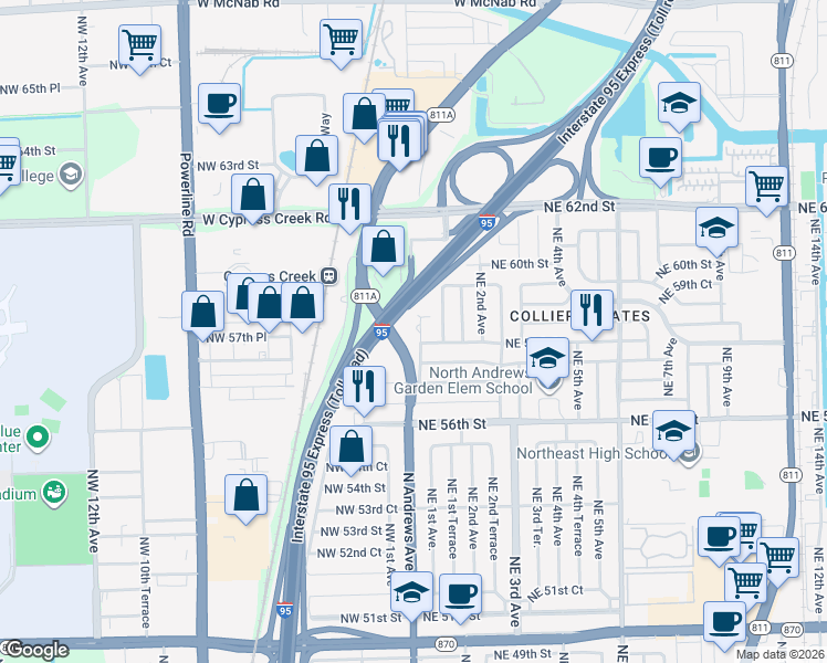 map of restaurants, bars, coffee shops, grocery stores, and more near 5800 North Andrews Avenue in Oakland Park