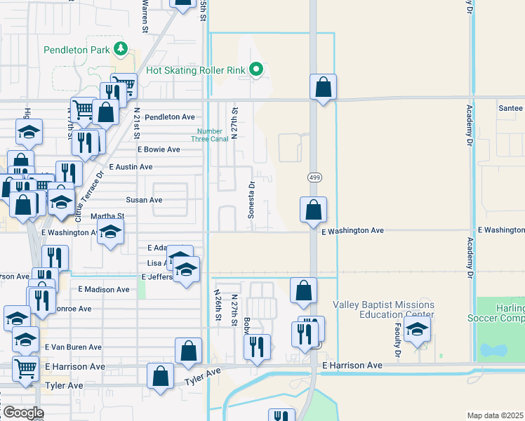 map of restaurants, bars, coffee shops, grocery stores, and more near 721 Sonesta Court in Harlingen