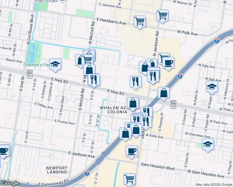 map of restaurants, bars, coffee shops, grocery stores, and more near 1210 U.S. 83 in Pharr