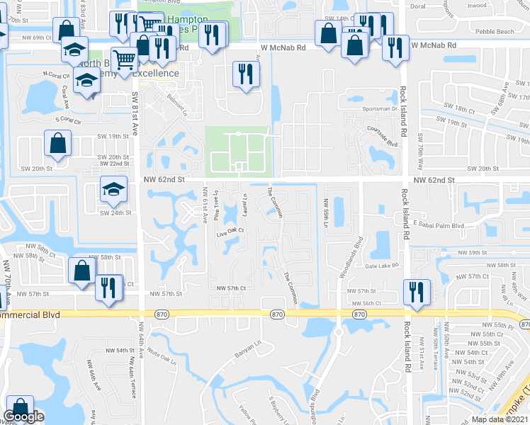 map of restaurants, bars, coffee shops, grocery stores, and more near 6021 Woodland Point Drive in Tamarac
