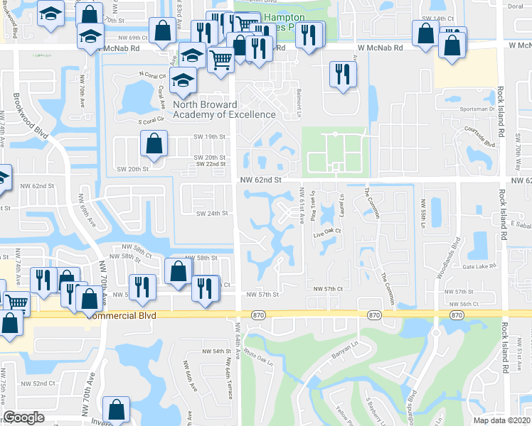 map of restaurants, bars, coffee shops, grocery stores, and more near 6020 Northwest 64th Avenue in Tamarac