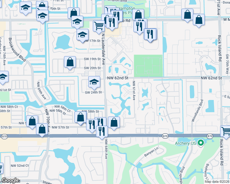 map of restaurants, bars, coffee shops, grocery stores, and more near 6020 Northwest 64th Avenue in Tamarac