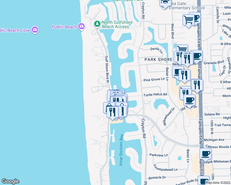 map of restaurants, bars, coffee shops, grocery stores, and more near 4400 Gulf Shore Boulevard North in Naples