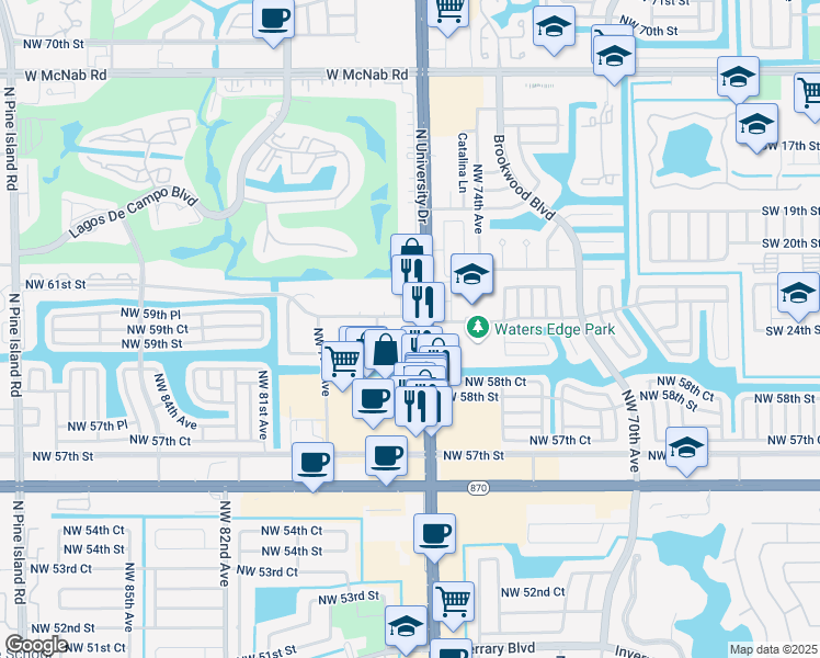 map of restaurants, bars, coffee shops, grocery stores, and more near 6095 North University Drive in Tamarac