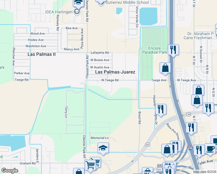 map of restaurants, bars, coffee shops, grocery stores, and more near 3431 Teege Road in Harlingen