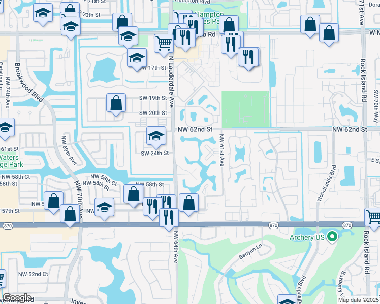 map of restaurants, bars, coffee shops, grocery stores, and more near 6020 Northwest 64th Avenue in Tamarac