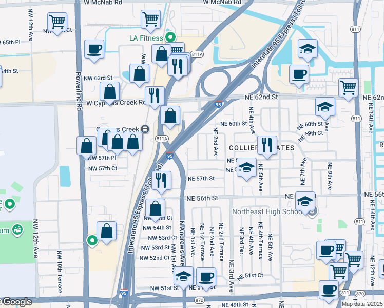map of restaurants, bars, coffee shops, grocery stores, and more near 5800 North Andrews Avenue in Oakland Park
