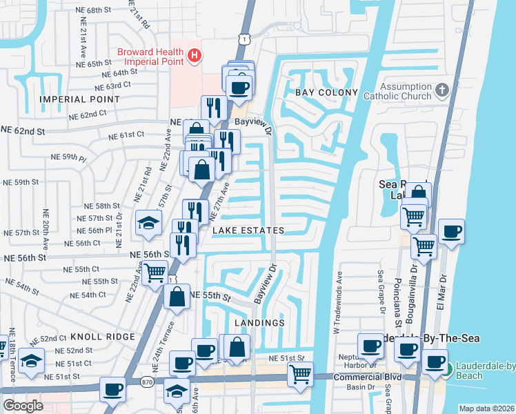 map of restaurants, bars, coffee shops, grocery stores, and more near 5731 Bayview Drive in Fort Lauderdale