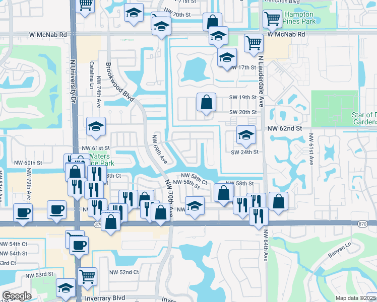 map of restaurants, bars, coffee shops, grocery stores, and more near 6717 Northwest 60th Street in Tamarac