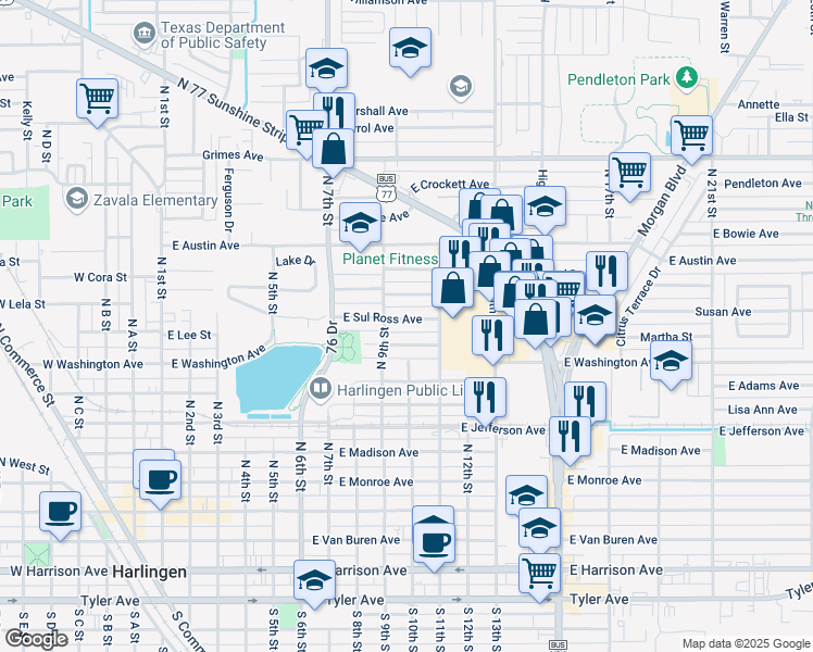 map of restaurants, bars, coffee shops, grocery stores, and more near 922 East Sul Ross Avenue in Harlingen
