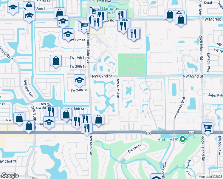 map of restaurants, bars, coffee shops, grocery stores, and more near 6051 Northwest 61st Avenue in Tamarac