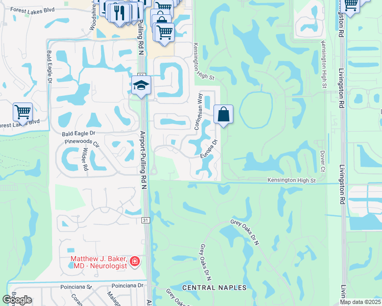 map of restaurants, bars, coffee shops, grocery stores, and more near 3345 Europa Drive in Naples