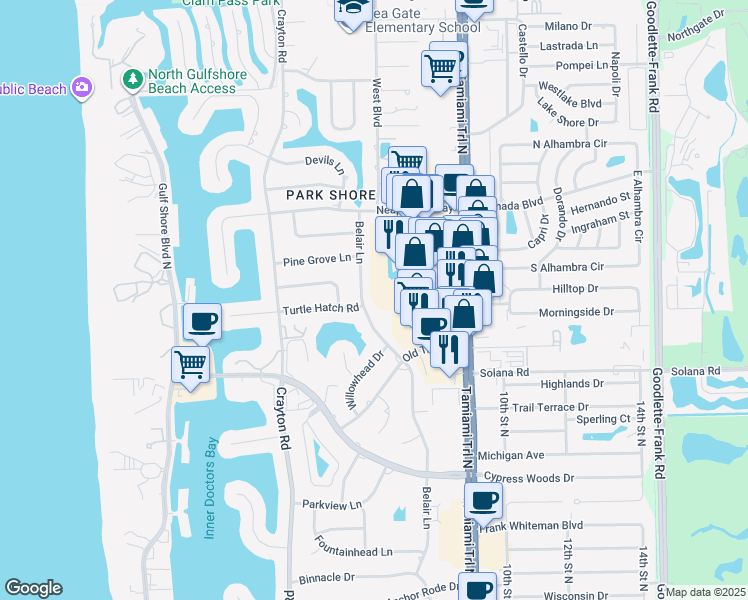 map of restaurants, bars, coffee shops, grocery stores, and more near 4126 Belair Lane in Naples