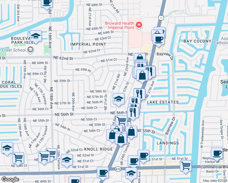 map of restaurants, bars, coffee shops, grocery stores, and more near 5708 Northeast 22nd Avenue in Fort Lauderdale