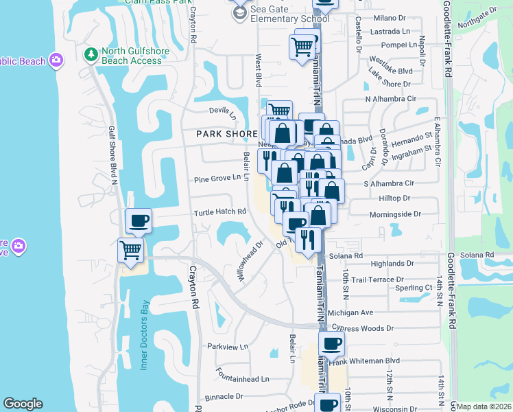 map of restaurants, bars, coffee shops, grocery stores, and more near 4126 Belair Lane in Naples