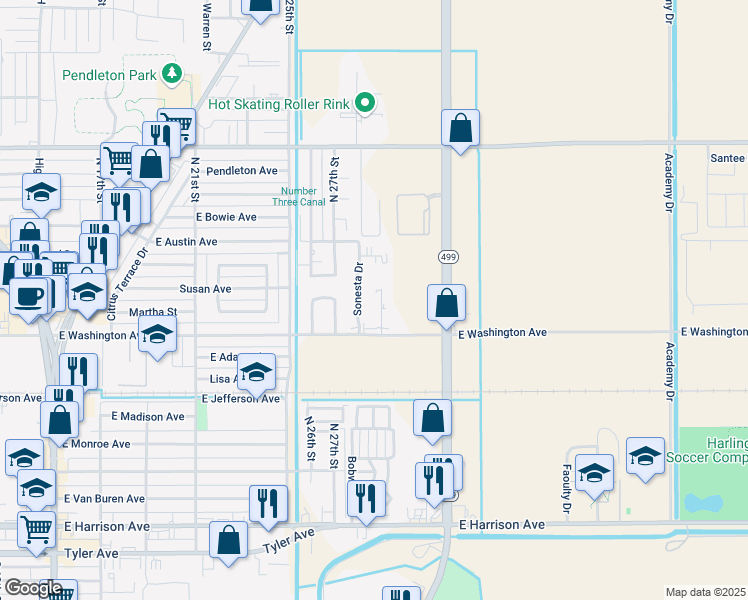 map of restaurants, bars, coffee shops, grocery stores, and more near 725 Sonesta Court in Harlingen