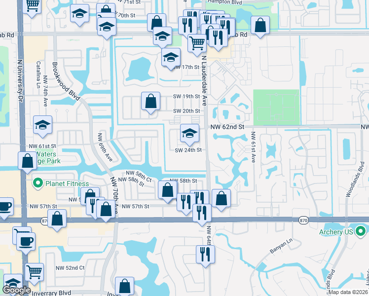 map of restaurants, bars, coffee shops, grocery stores, and more near 8115 Southwest 24th Street in North Lauderdale