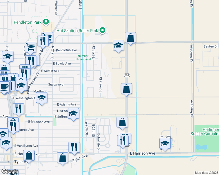 map of restaurants, bars, coffee shops, grocery stores, and more near 726 Sonesta Court in Harlingen