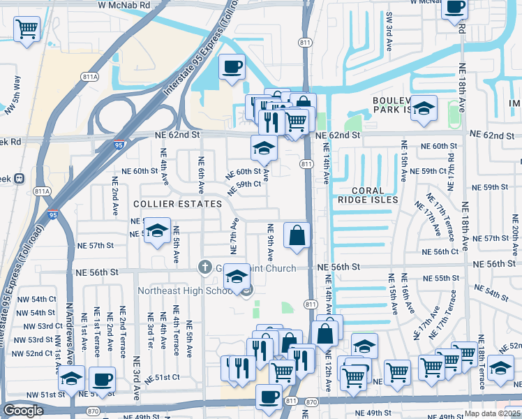 map of restaurants, bars, coffee shops, grocery stores, and more near 741 Northeast 58th Street in Fort Lauderdale