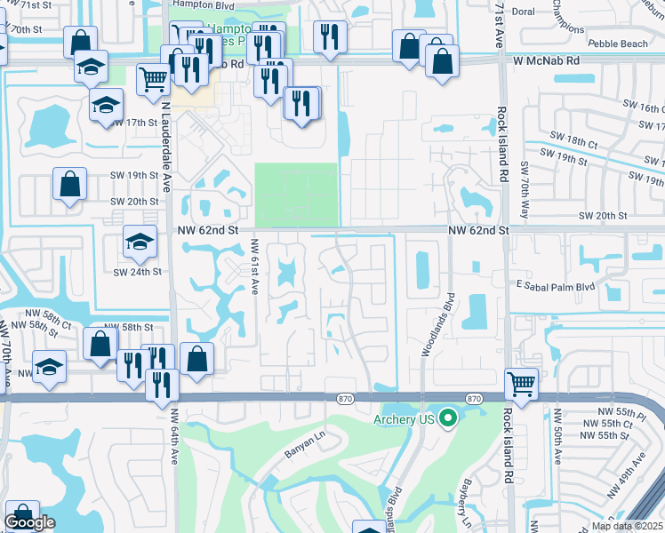 map of restaurants, bars, coffee shops, grocery stores, and more near 6021 Woodland Point Drive in Tamarac