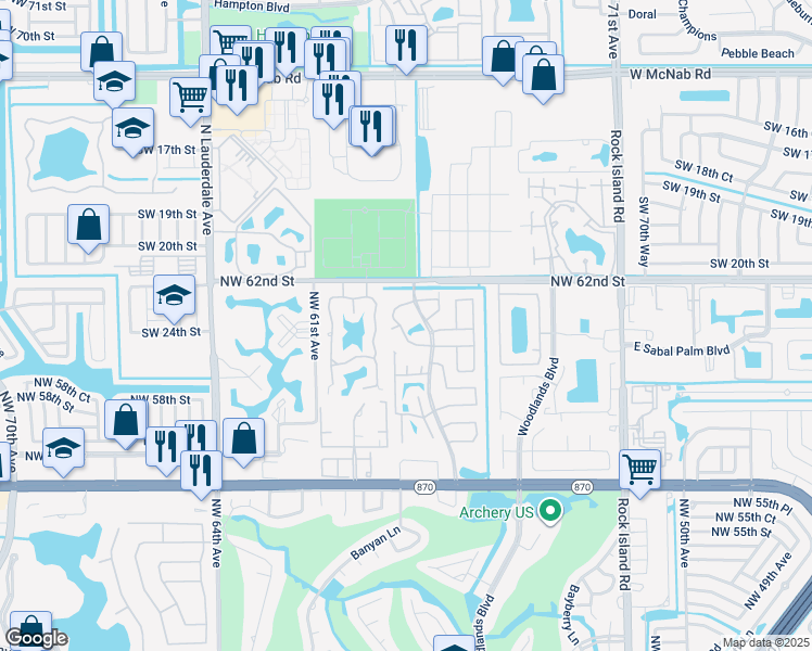 map of restaurants, bars, coffee shops, grocery stores, and more near 6021 Woodland Point Drive in Tamarac