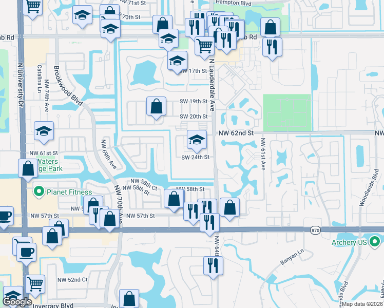 map of restaurants, bars, coffee shops, grocery stores, and more near 8115 Southwest 24th Street in North Lauderdale