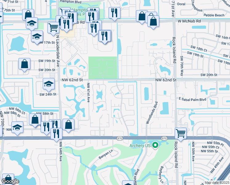map of restaurants, bars, coffee shops, grocery stores, and more near 6021 Woodland Point Drive in Tamarac