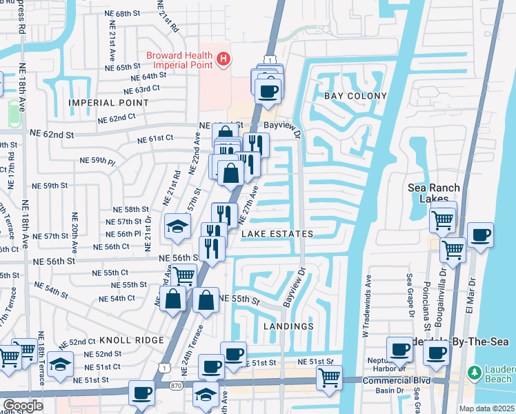 map of restaurants, bars, coffee shops, grocery stores, and more near 2711 Northeast 57th Court in Fort Lauderdale