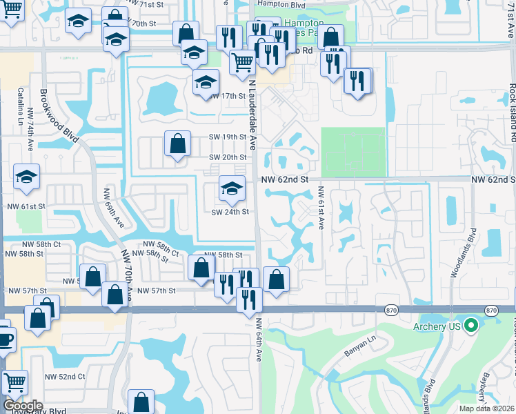 map of restaurants, bars, coffee shops, grocery stores, and more near 8100 Southwest 24th Street in North Lauderdale