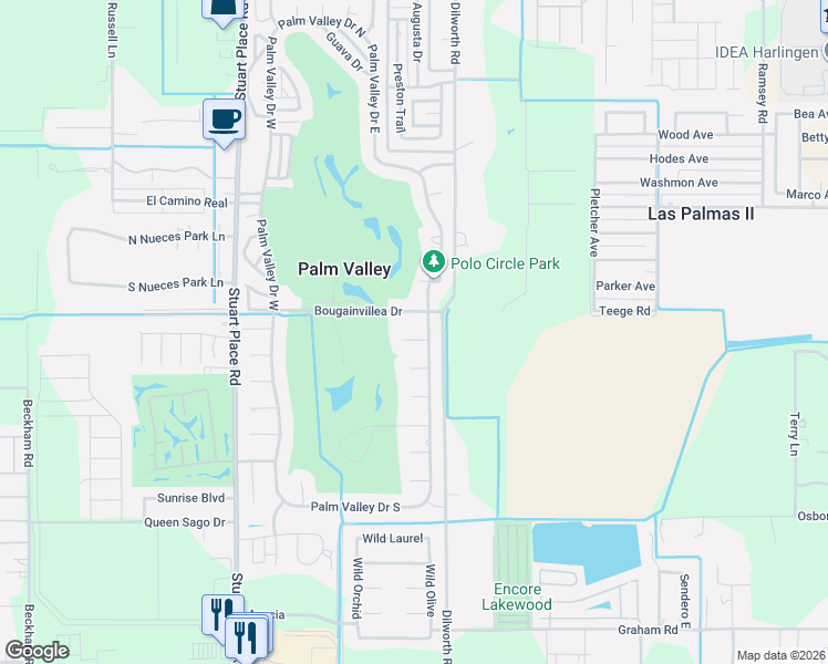 map of restaurants, bars, coffee shops, grocery stores, and more near 5125 Manana Cir in Harlingen
