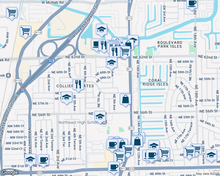 map of restaurants, bars, coffee shops, grocery stores, and more near 741 Northeast 58th Street in Fort Lauderdale