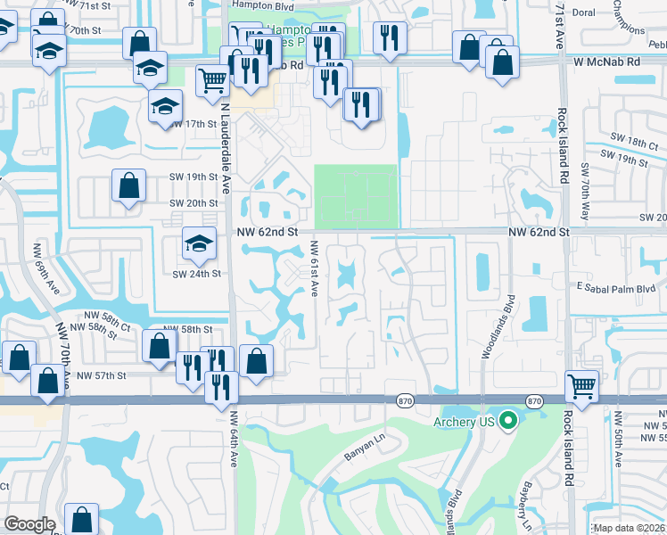 map of restaurants, bars, coffee shops, grocery stores, and more near 6194 Pine Tree Lane in Tamarac