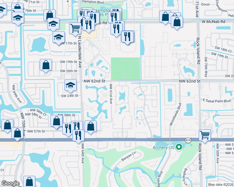 map of restaurants, bars, coffee shops, grocery stores, and more near 6189 Pine Tree Lane in Tamarac