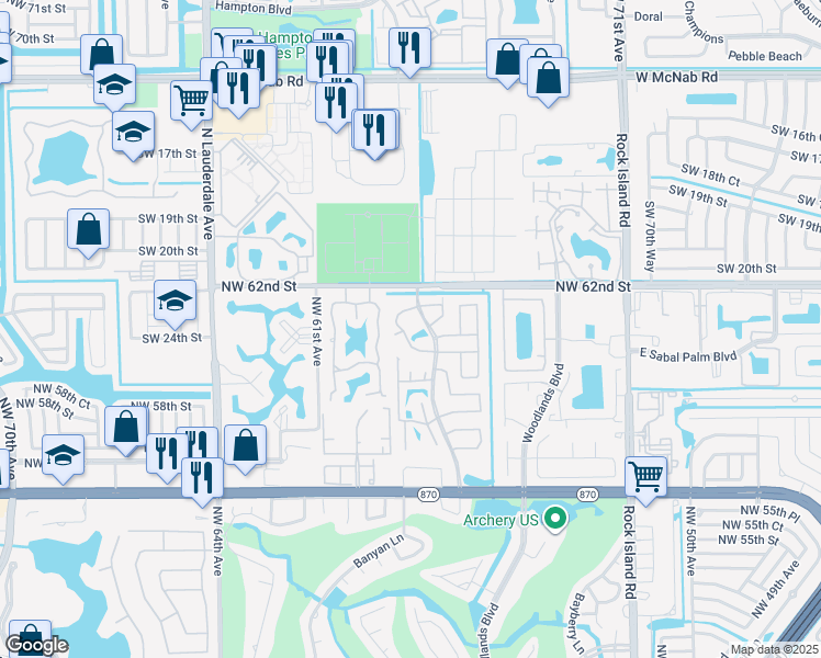 map of restaurants, bars, coffee shops, grocery stores, and more near 6021 Woodland Point Drive in Tamarac