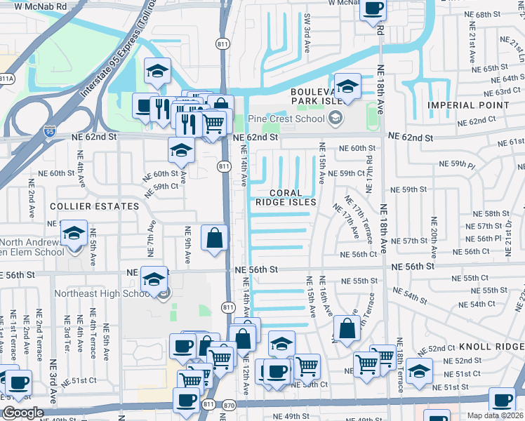 map of restaurants, bars, coffee shops, grocery stores, and more near 1419 Northeast 57th Court in Fort Lauderdale