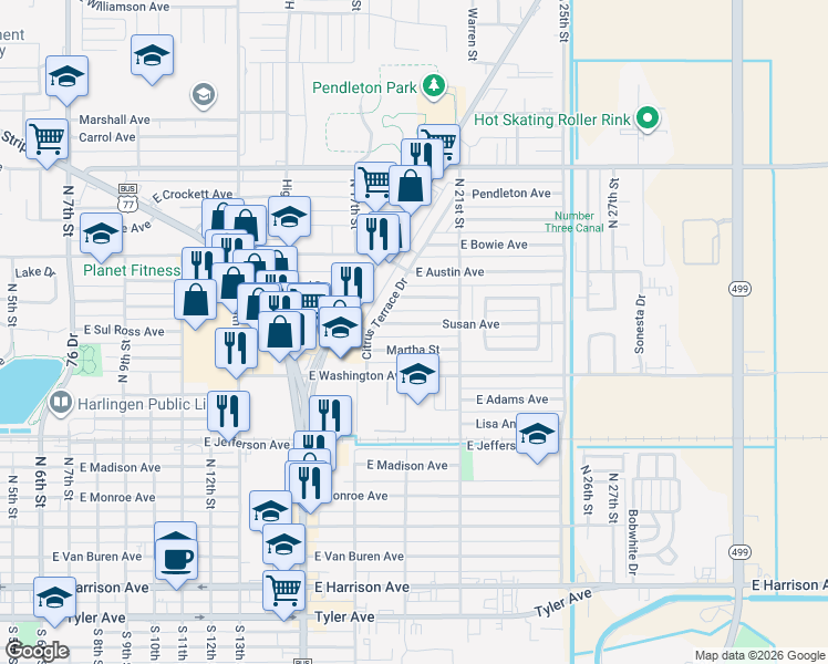 map of restaurants, bars, coffee shops, grocery stores, and more near 1919 Martha Street in Harlingen