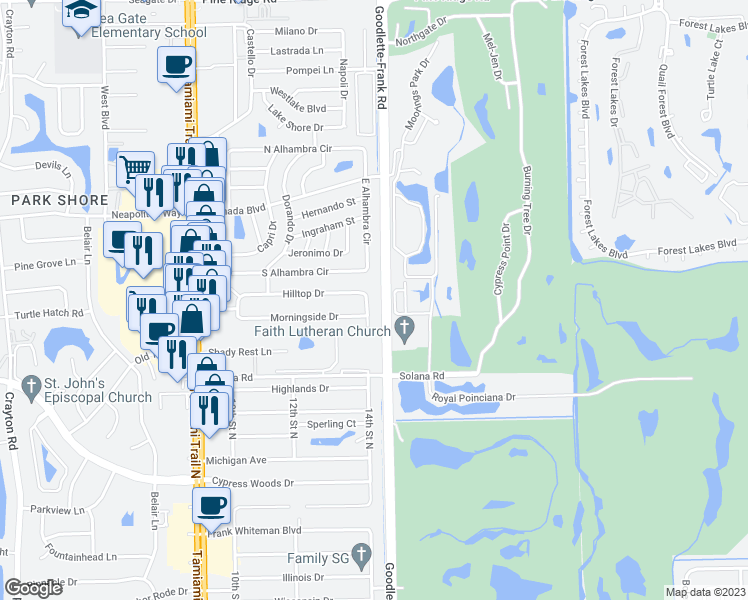 map of restaurants, bars, coffee shops, grocery stores, and more near 4288 Morningside Circle in Naples