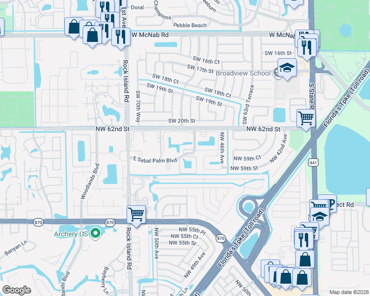 map of restaurants, bars, coffee shops, grocery stores, and more near 4975 East Sabal Palm Boulevard in Tamarac