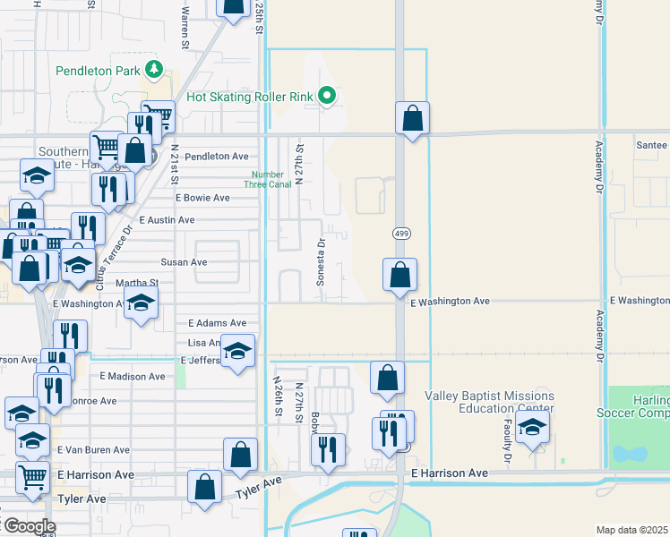 map of restaurants, bars, coffee shops, grocery stores, and more near 729 Sonesta Court in Harlingen