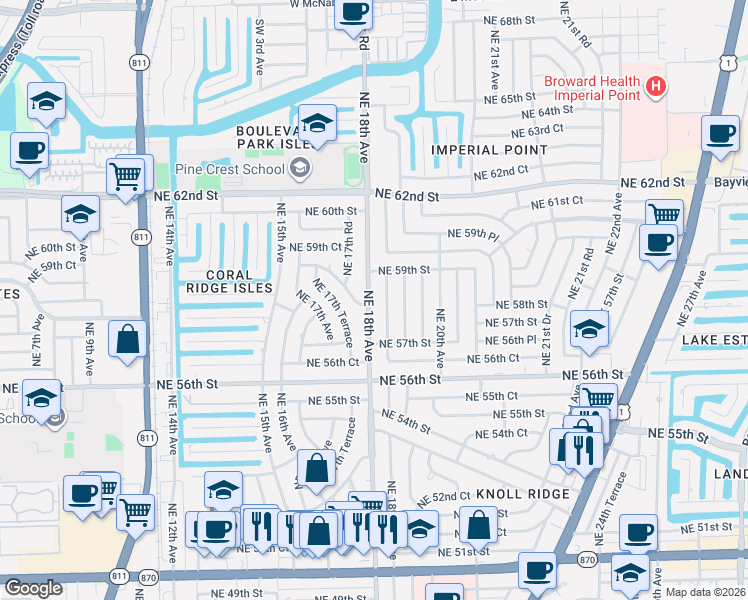 map of restaurants, bars, coffee shops, grocery stores, and more near 5740 Northeast 18th Avenue in Fort Lauderdale