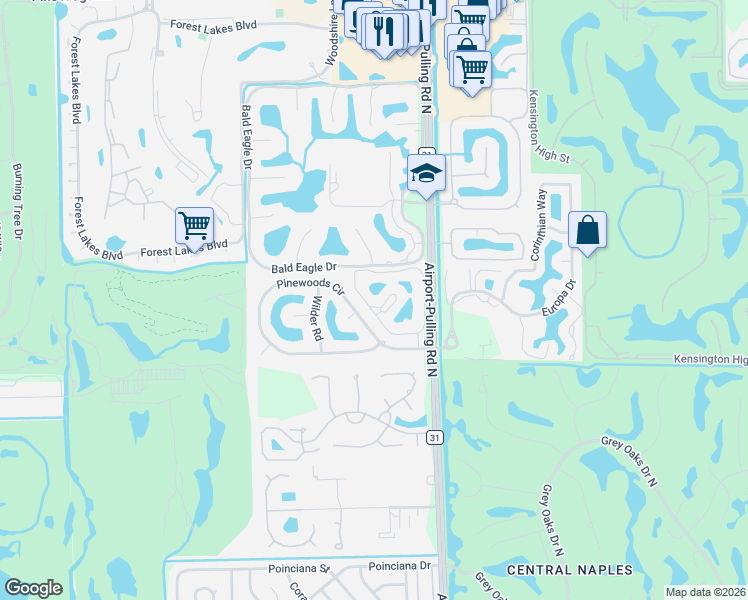 map of restaurants, bars, coffee shops, grocery stores, and more near 2425 Pinewoods Circle in Naples