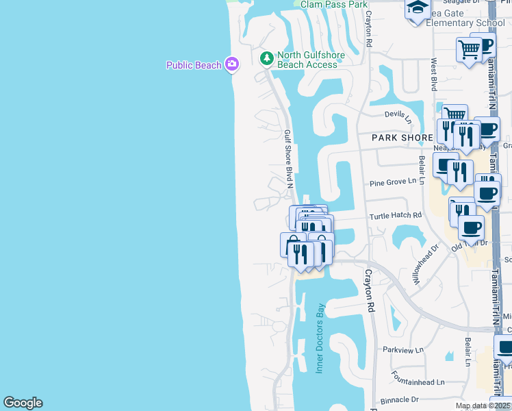 map of restaurants, bars, coffee shops, grocery stores, and more near 4301 Gulf Shore Boulevard North in Naples