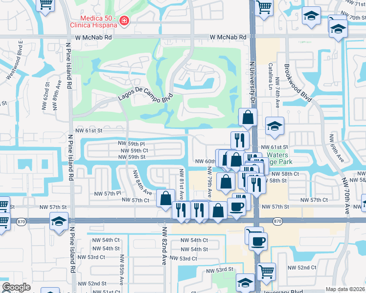 map of restaurants, bars, coffee shops, grocery stores, and more near 8103 Northwest 81st Avenue in Tamarac
