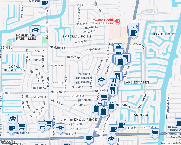 map of restaurants, bars, coffee shops, grocery stores, and more near 5706 Northeast 21st Drive in Fort Lauderdale