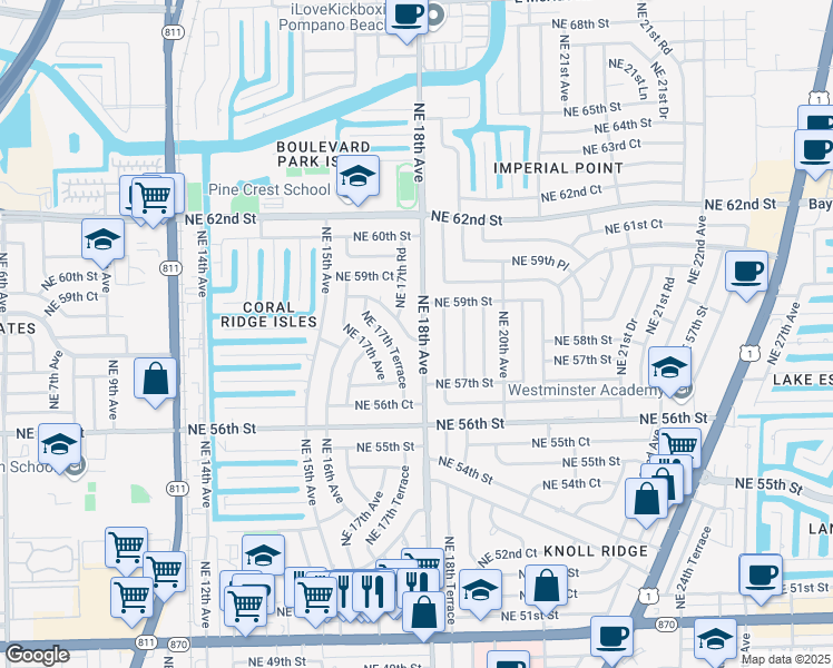 map of restaurants, bars, coffee shops, grocery stores, and more near 5740 Northeast 18th Avenue in Fort Lauderdale