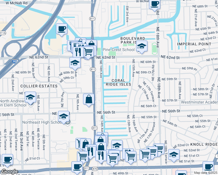 map of restaurants, bars, coffee shops, grocery stores, and more near 1419 Northeast 57th Court in Fort Lauderdale