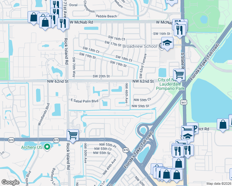 map of restaurants, bars, coffee shops, grocery stores, and more near 5881 Northwest 46th Avenue in Tamarac